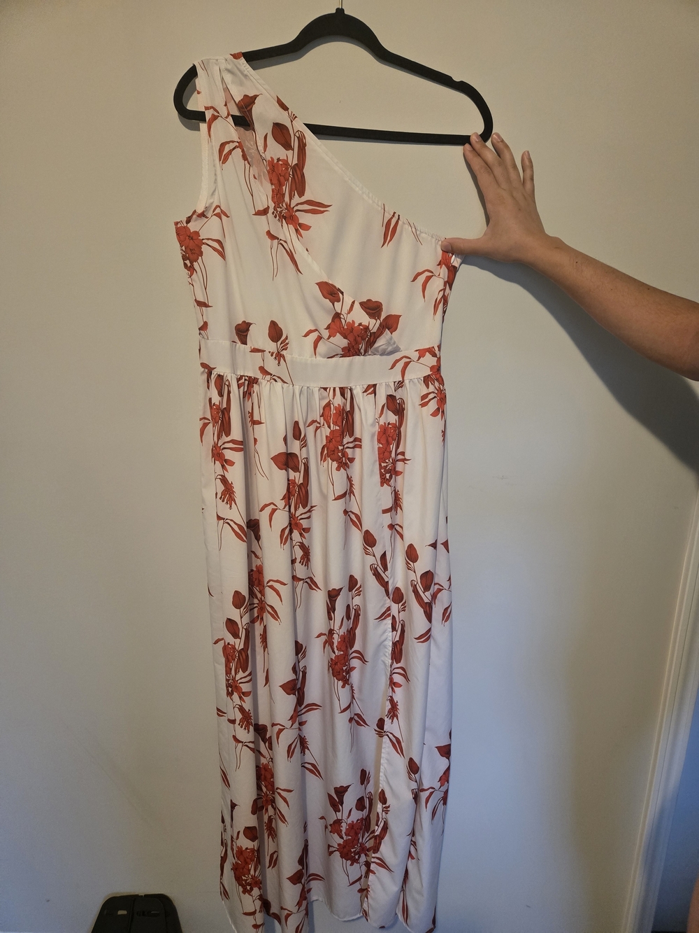 One-Shoulder White Maxi Dress with Rust Floral Print